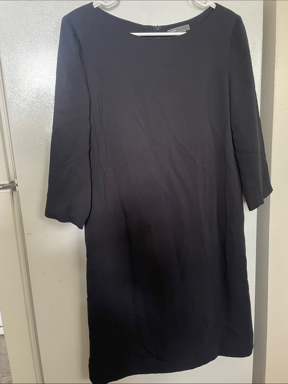 Vince Size 10 Black Midi Shift Dress 3/4 Sleeve Elegant Versatile Academia